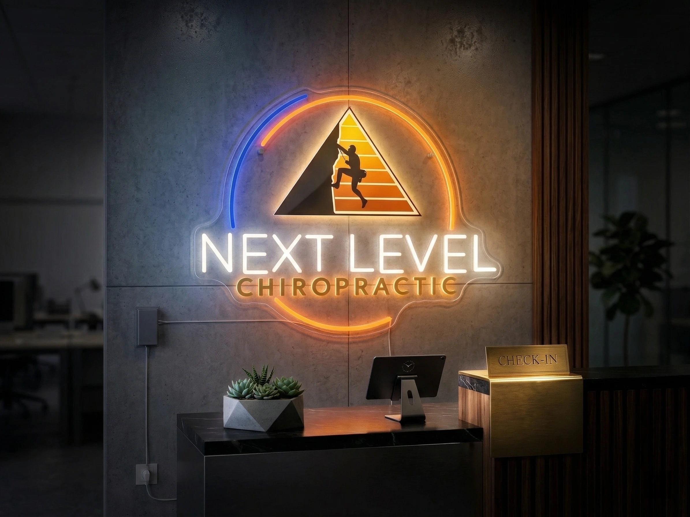 Next Level Chiropractic business logo neon sign