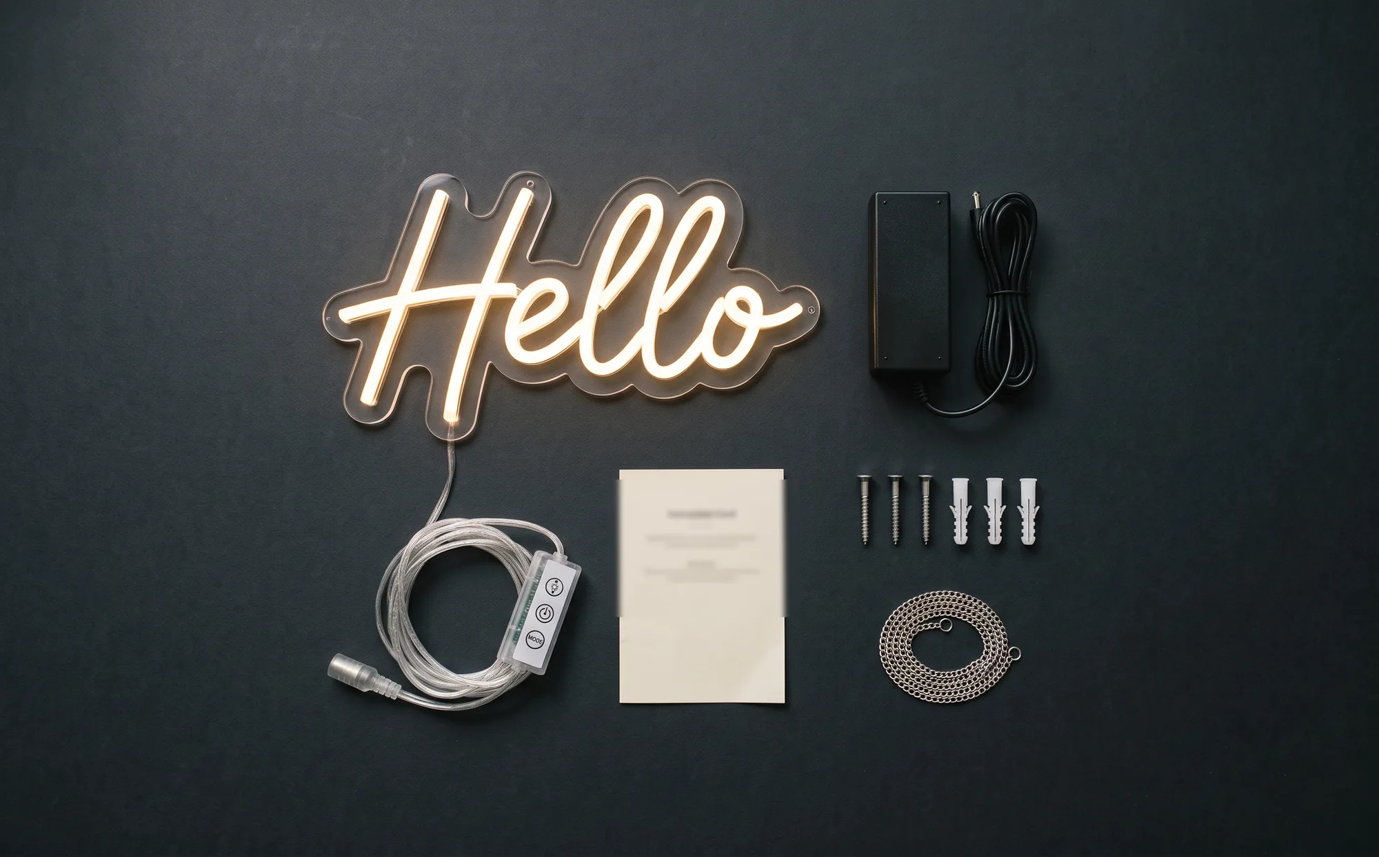 Everything included with a NEONLY sign, laid out flat: the LED neon sign on clear acrylic, a certified US power adapter, an in-line dimmer on a clear cord, an instruction card, wall screws with anchors, and a hanging chain