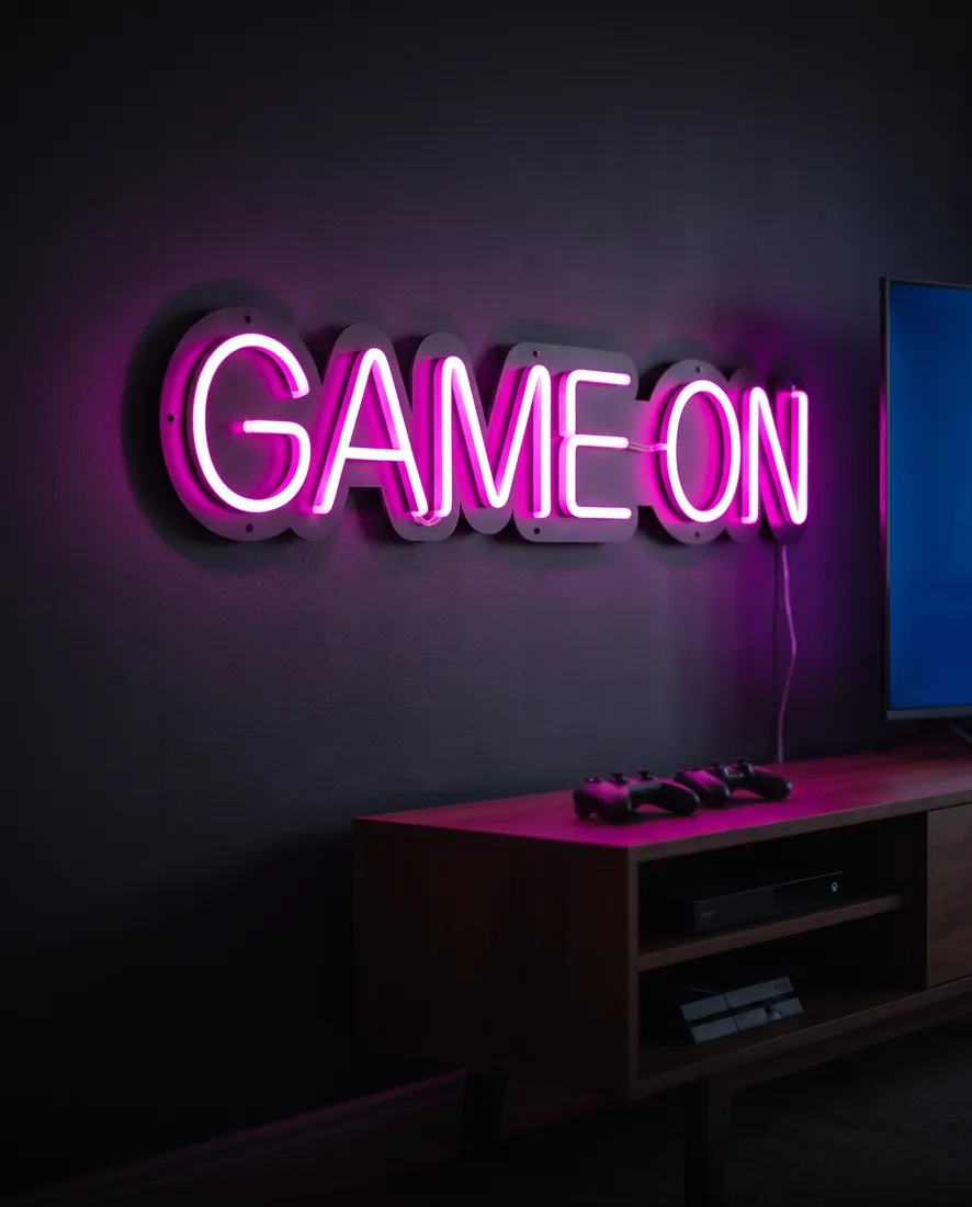 A magenta &ldquo;GAME ON&rdquo; LED neon sign on a charcoal matte panel in a home game room