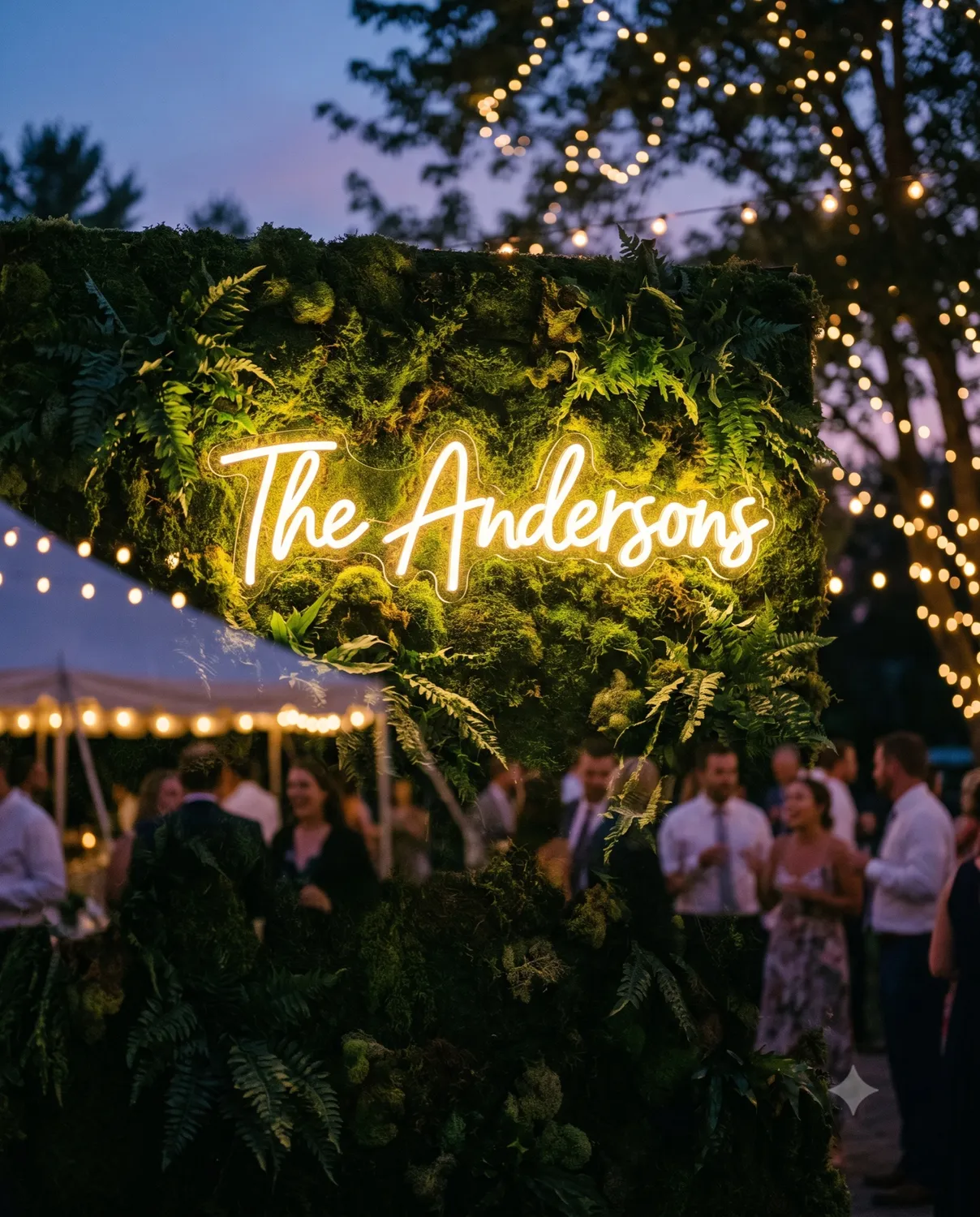 Warm white &lsquo;The Andersons&rsquo; neon sign on a moss and fern wall at an outdoor evening wedding reception